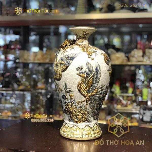 Mai Bình Hút Lộc Công Đào Men Rạn Vẽ Vàng 24K