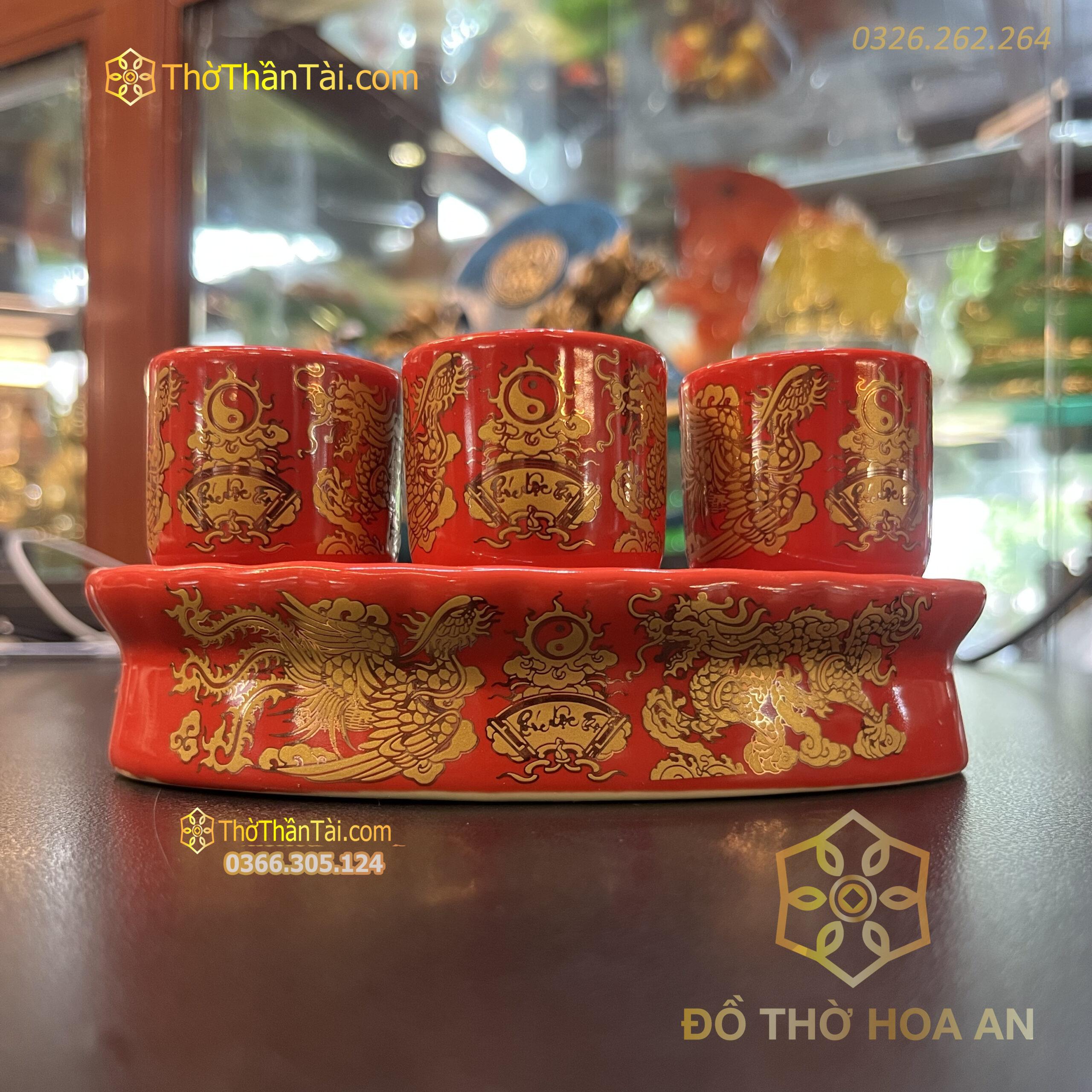 Kỷ / Khay 3 Chén Sứ Men Đỏ Bát Tràng
