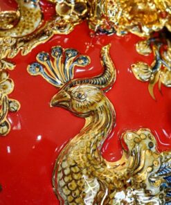 Bình Hút Lộc Công Đào Men Đỏ Đắp Nổi Vẽ Vàng 24K H28
