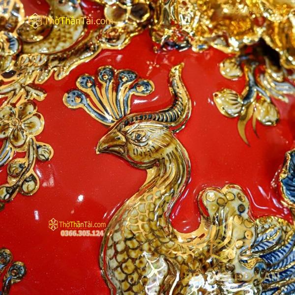 Bình Hút Lộc Công Đào Men Đỏ Đắp Nổi Vẽ Vàng 24K H28