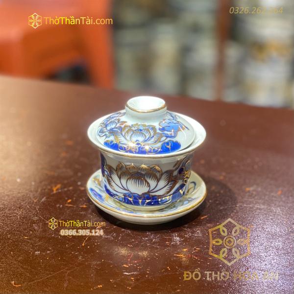 Bát Sâm/ Bát Nước Men Lam Vẽ Vàng 24K