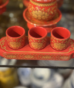Khay Nước 3 Chén Sứ Gấm Đỏ