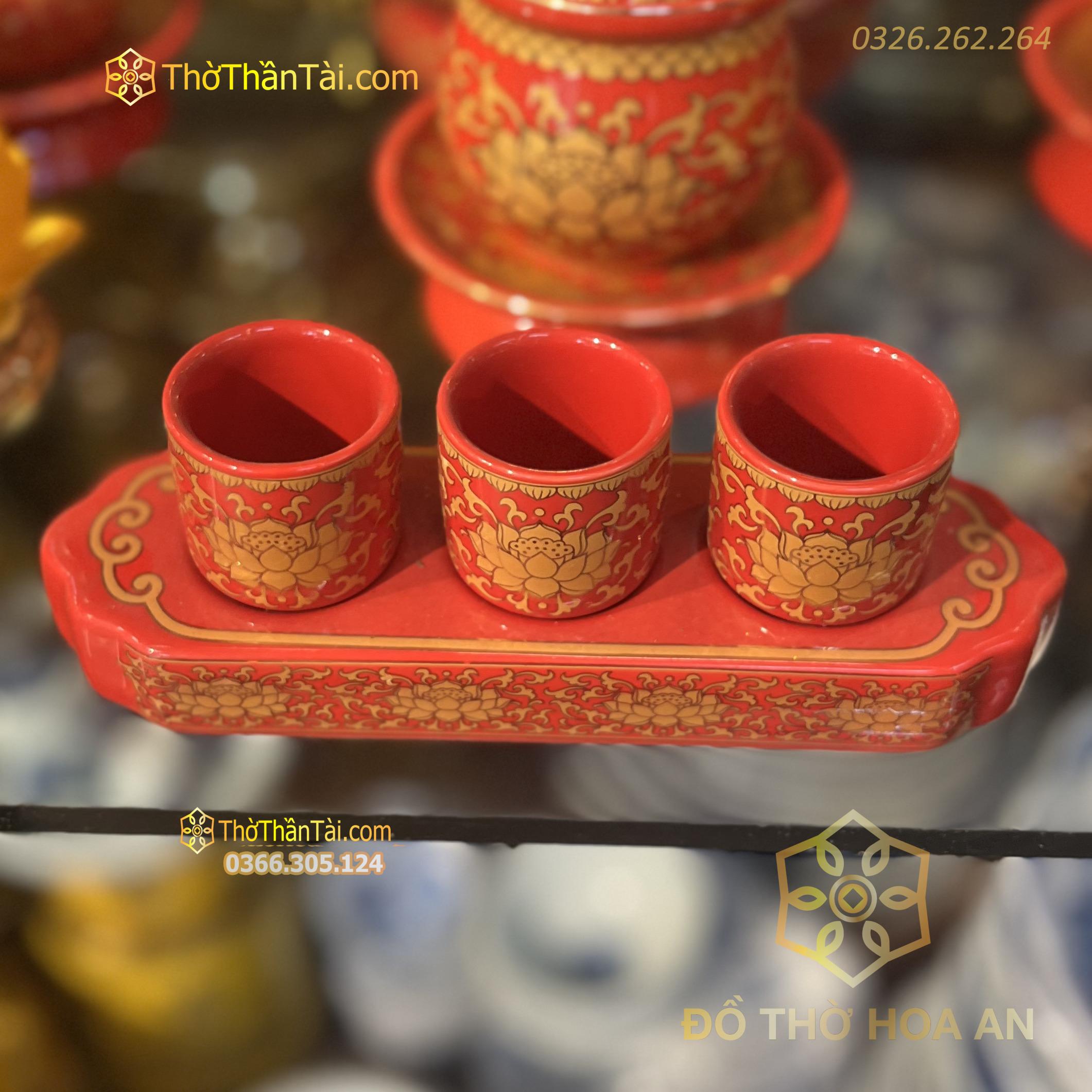 Khay Nước 3 Chén Sứ Gấm Đỏ