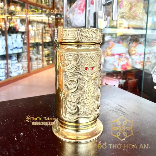 Ống Đựng Hương Đồng Vàng Khắc Nổi Rồng
