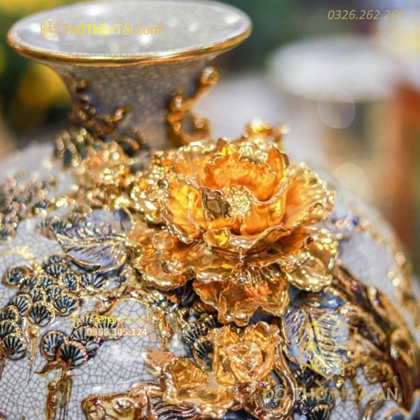 Bình Hút Lộc Mã Đáo Thành Công Men Rạn Đắp Nổi Vẽ Vàng 24K H20