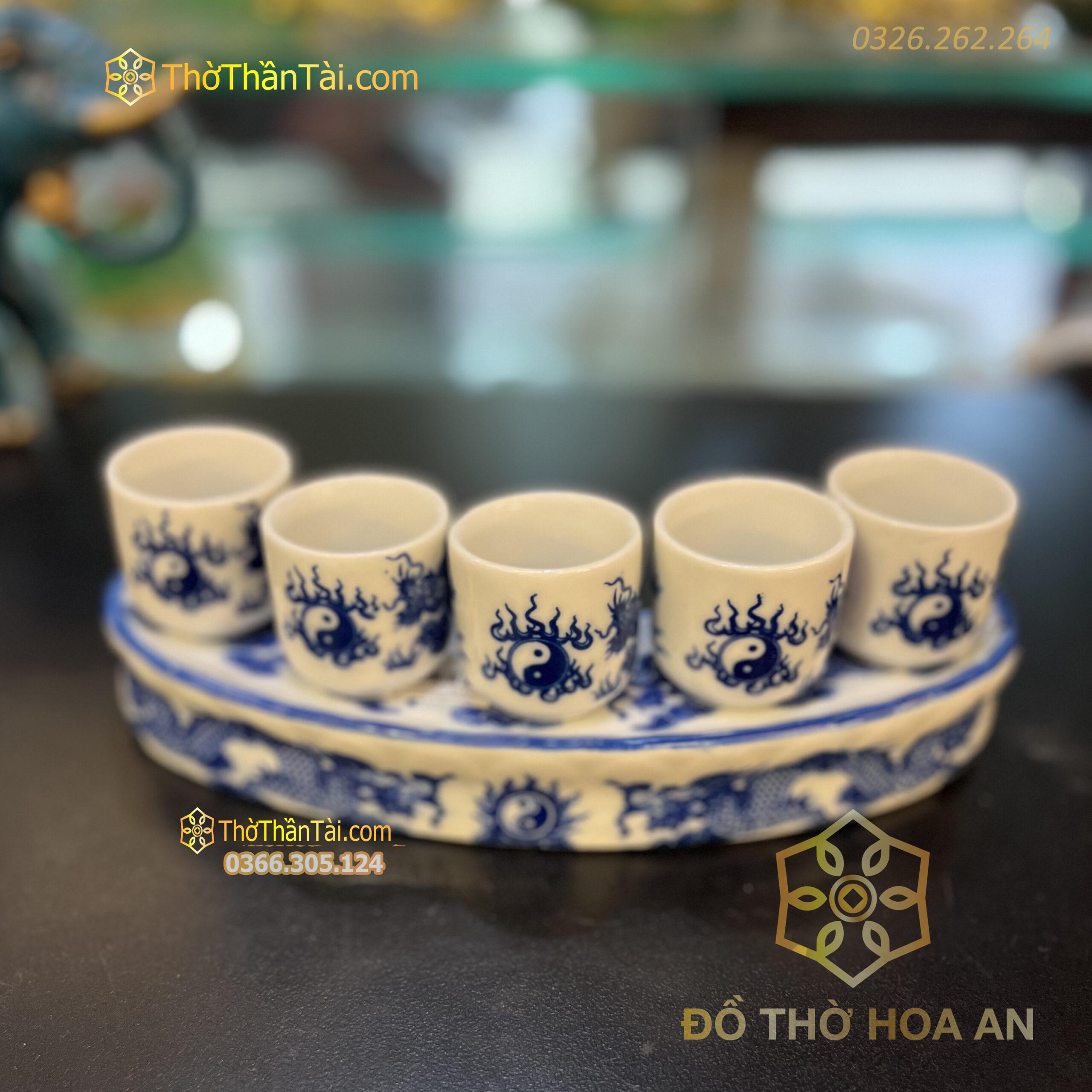 Khay/Kỷ nước Bát Tràng Rồng 5 Chén Men Lam