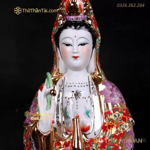 Tượng Phật Quan Âm Ngồi Bệ Sen Họa Tiết Gấm