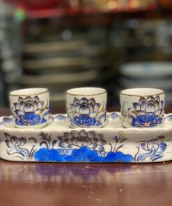 Kỷ/Khay Nước 3 Chén Men Lam Vẽ Vàng 24K