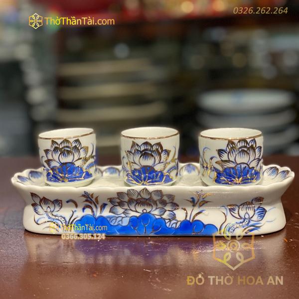 Kỷ/Khay Nước 3 Chén Men Lam Vẽ Vàng 24K