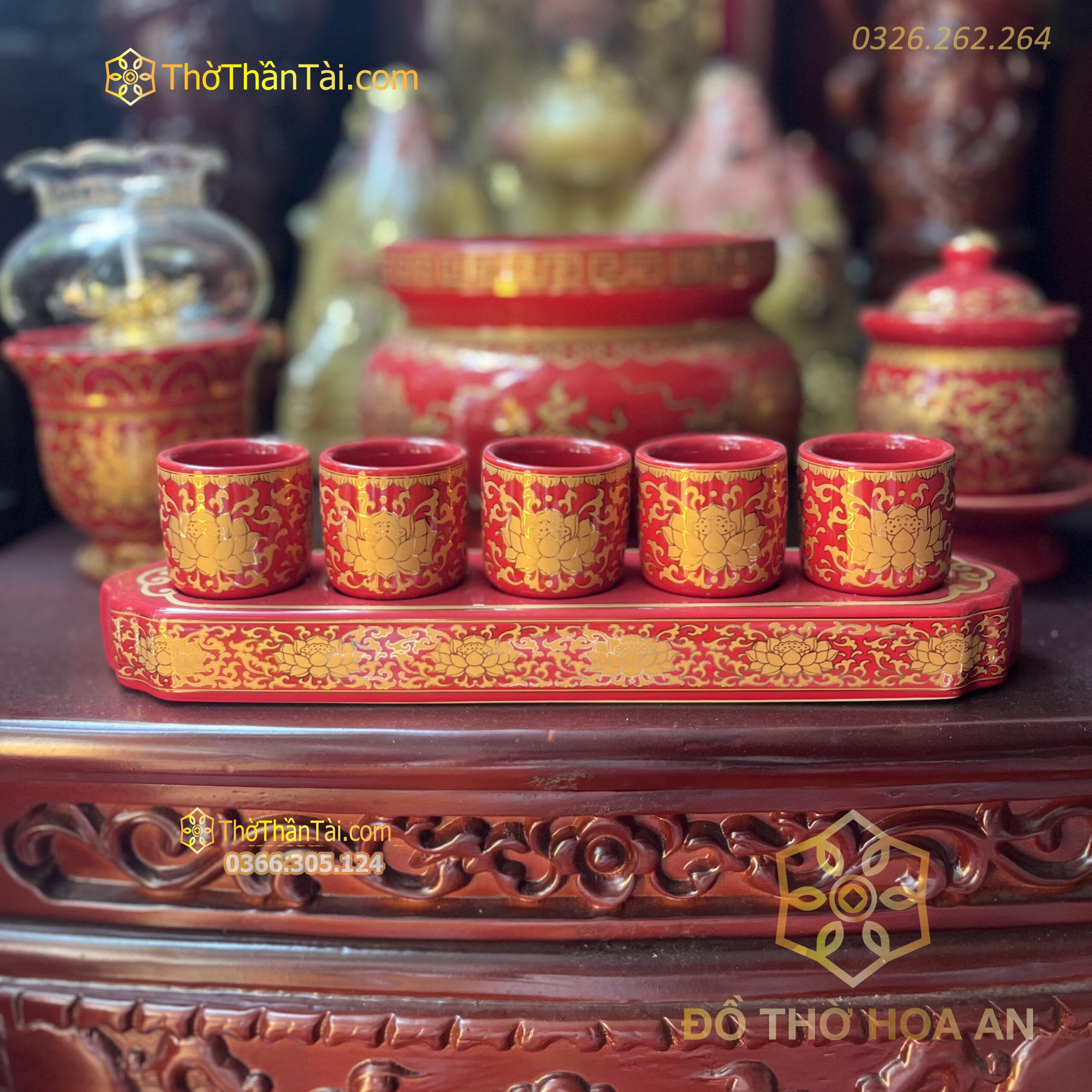 Khay Nước 5 Chén Sứ Gấm Đỏ