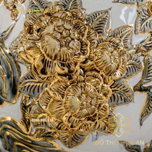 Bình Hút Lộc Thuận Buồm Xuôi Gió Men Trắng Đắp Nổi Vẽ Vàng 24K H25