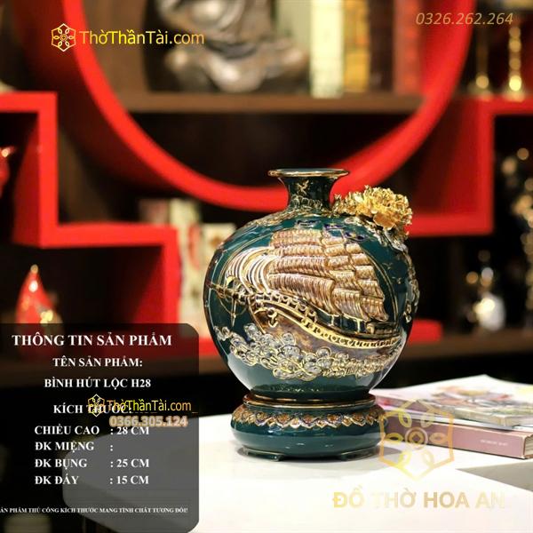Bình Hút Lộc Thuận Buồm Xuôi Gió Men Xanh Lá Đắp Nổi Vẽ Vàng 24K H28 M2