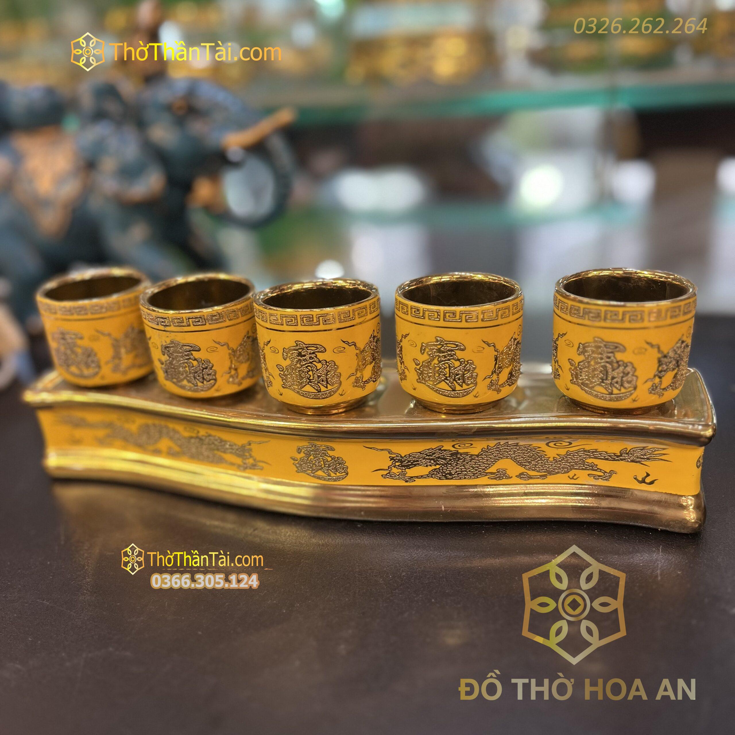 Khay Nước 5 Chén Men Vàng Kim Sa