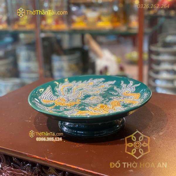 Mâm Bồng Thờ Men Xanh Lục Bảo Đắp Nổi