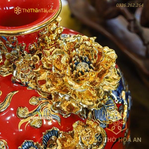 Bình Hút Lộc Công Đào Men Đỏ Đắp Nổi Vẽ Vàng 24K H28