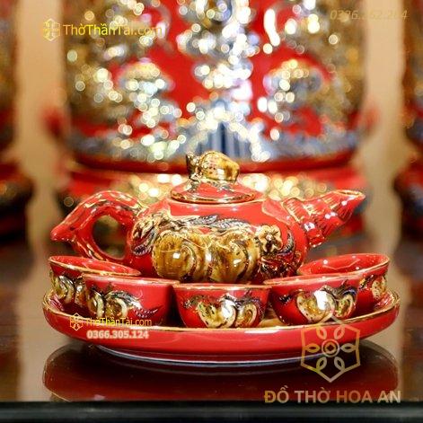Bộ Ấm Chén Trà Thờ Men Đỏ Vẽ Vàng 24K