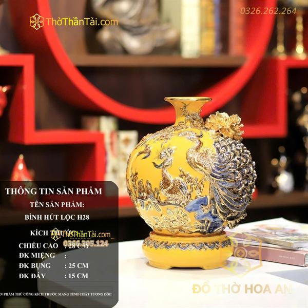 Bình Hút Lộc Công Đào Men Vàng Đắp Nổi Vẽ Vàng 24K H28