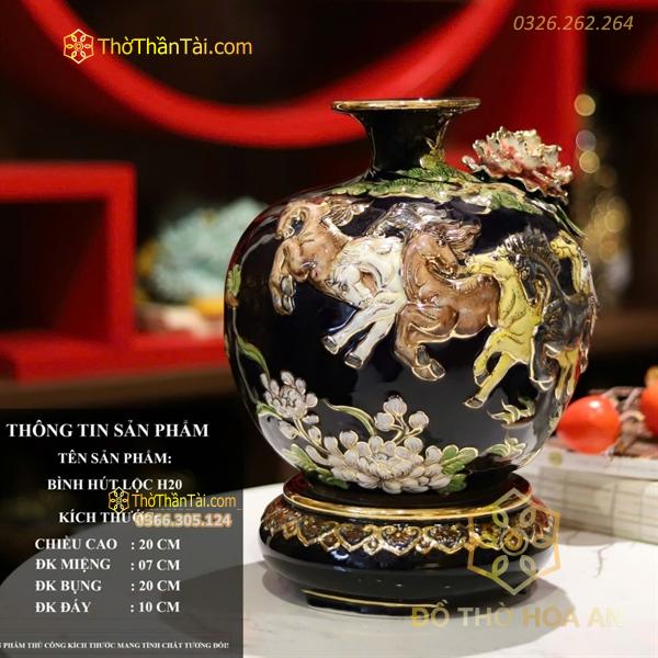 Bình Hút Lộc Mã Đáo Thành Công Men Đen Đắp Nổi Vẽ Vàng 24K H20