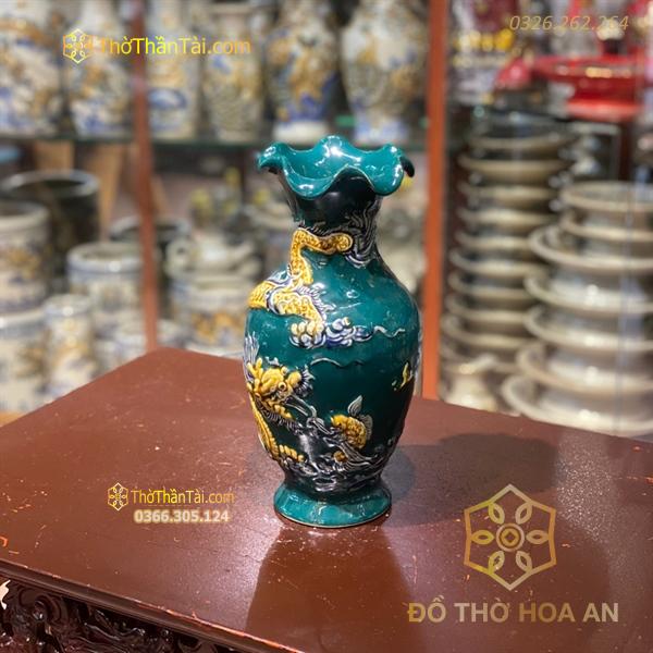 Lọ Hoa Lượn Rồng Đắp Nổi Men Xanh Lục Bảo