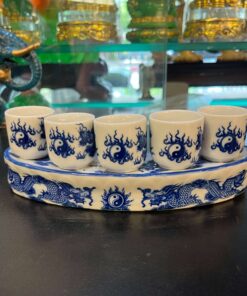 Khay/Kỷ nước Bát Tràng Rồng 5 Chén Men Lam