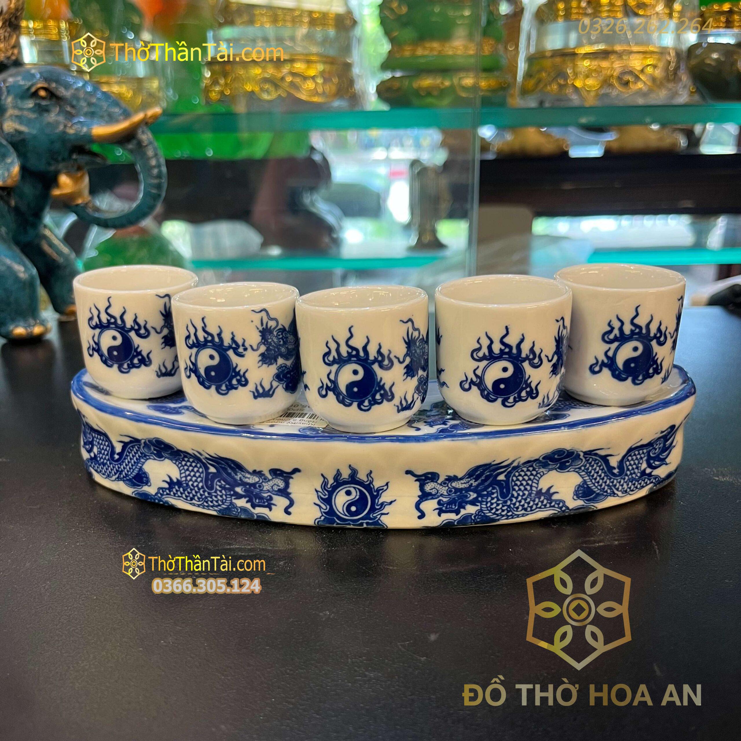 Khay/Kỷ nước Bát Tràng Rồng 5 Chén Men Lam