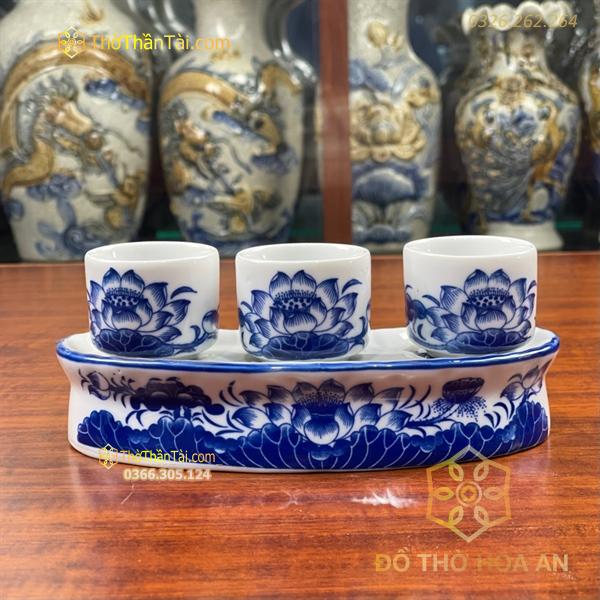 Khay/Kỷ Nước 3 Chén Hoa Sen Men Lam