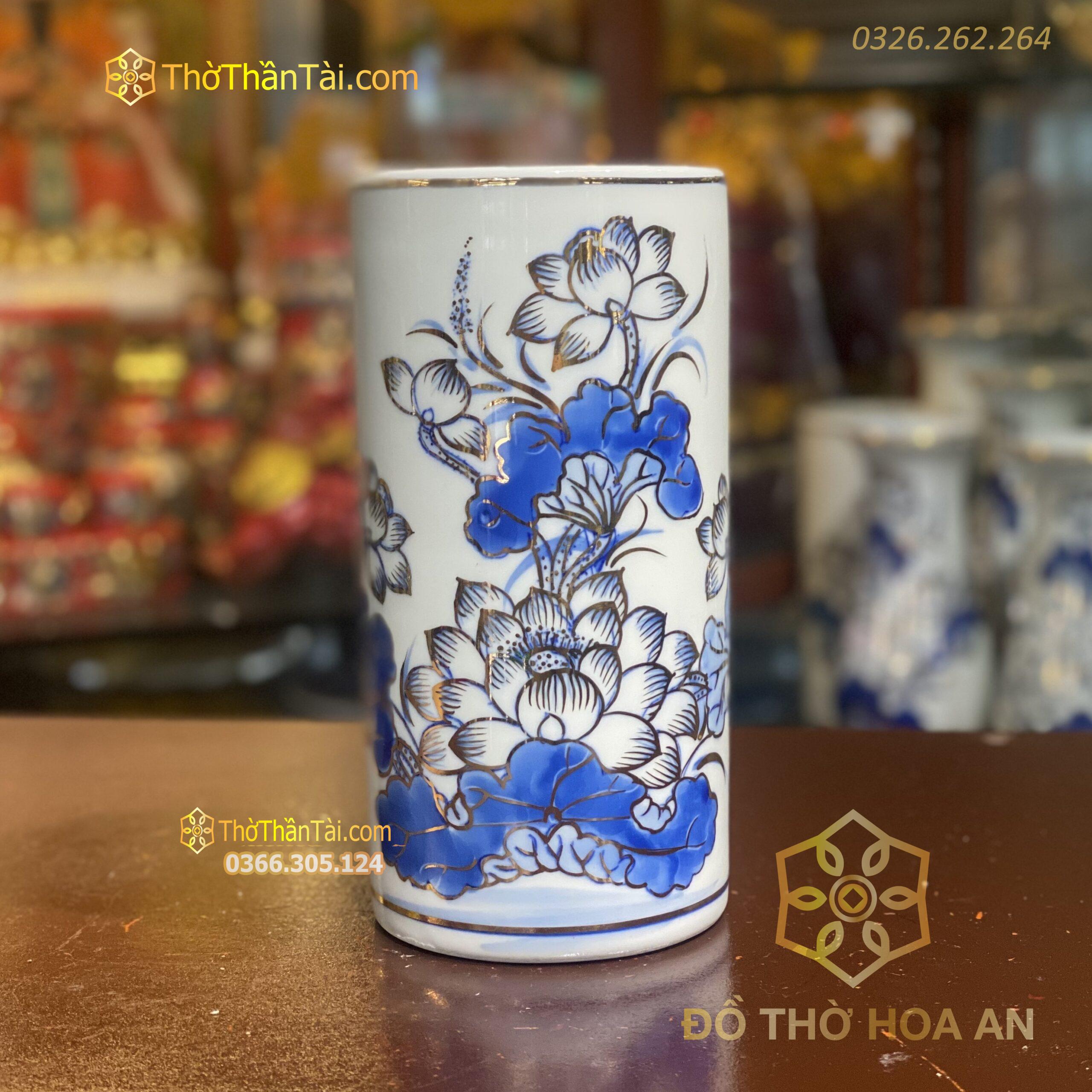 Ống Hương Men Lam Vẽ Vàng 24K
