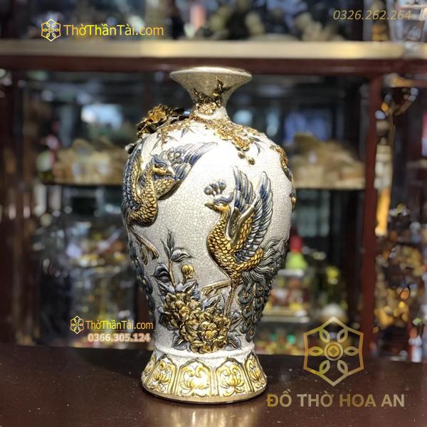 Mai Bình Hút Lộc Công Đào Men Rạn Vẽ Vàng 24K