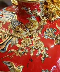 Bình Hút Lộc Công Đào Men Đỏ Đắp Nổi Vẽ Vàng 24K H28
