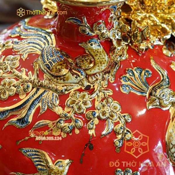 Bình Hút Lộc Công Đào Men Đỏ Đắp Nổi Vẽ Vàng 24K H28
