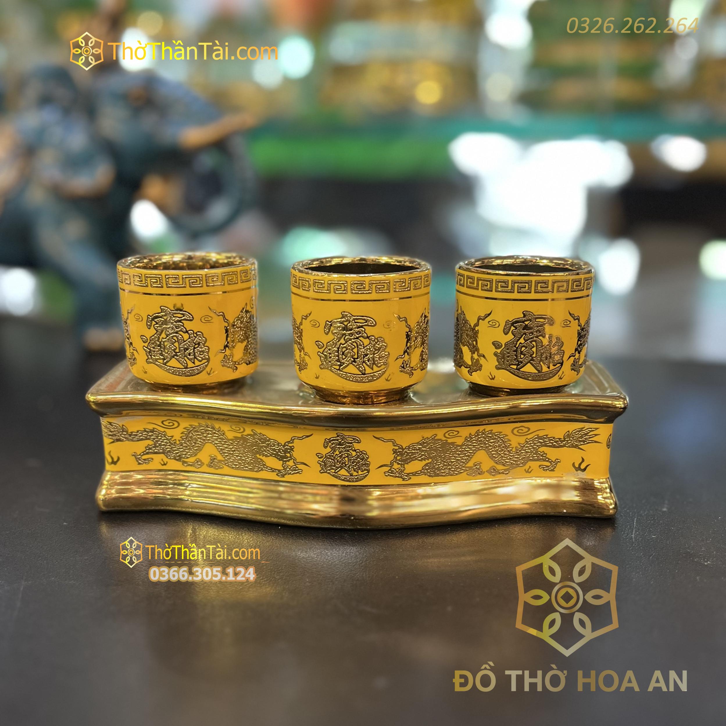Khay Nước 3 Chén Men Vàng Kim Sa