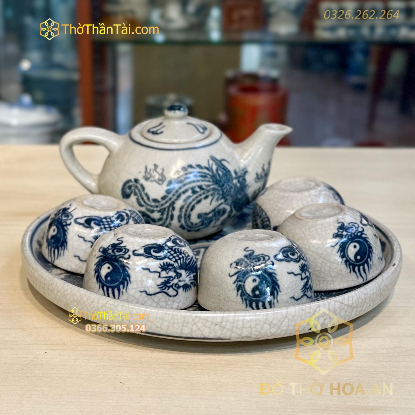 Bộ Ấm Chén Trà Thờ Men Rạn Vẽ