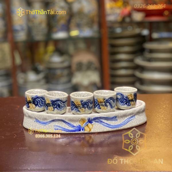 Khay/ Kỷ Nước 5 Chén Men Rạn Đắp Nổi