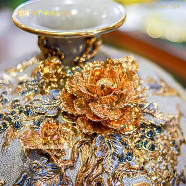 Bình Hút Lộc Thuận Buồm Xuôi Gió Men Rạn Đắp Nổi Vẽ Vàng 24K H28
