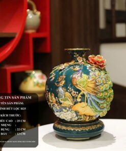 Bình Hút Lộc Công Đào Men Xanh Lá Đắp Nổi Vẽ Vàng 24K H25