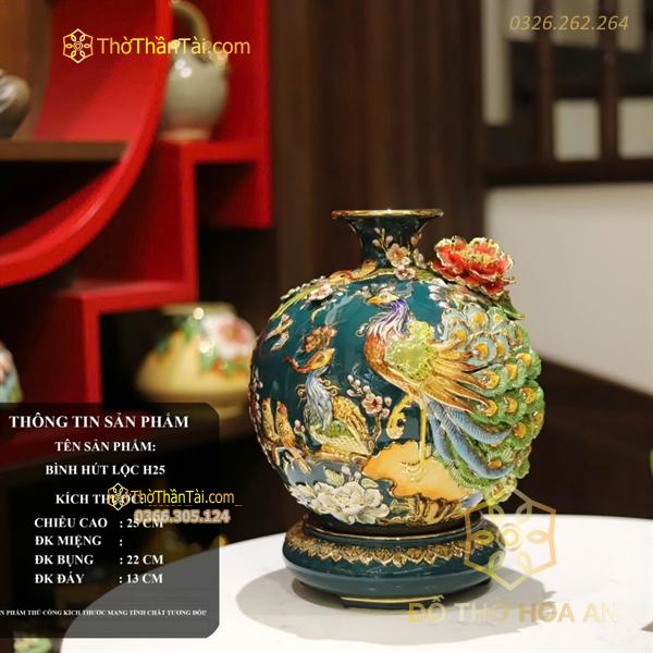 Bình Hút Lộc Công Đào Men Xanh Lá Đắp Nổi Vẽ Vàng 24K H25