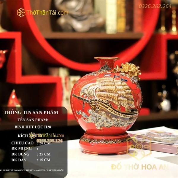 Bình Hút Lộc Thuận Buồm Xuôi Gió Men Đỏ Đắp Nổi Vẽ Vàng 24K H20