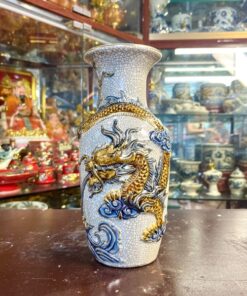 Lọ Hoa Lục Bình Rồng Men Rạn Đắp Nổi Vẽ Vàng 24K
