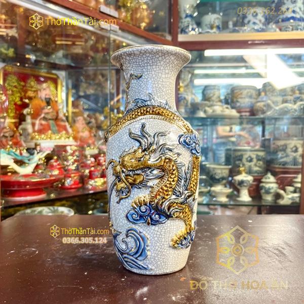 Lọ Hoa Lục Bình Rồng Men Rạn Đắp Nổi Vẽ Vàng 24K