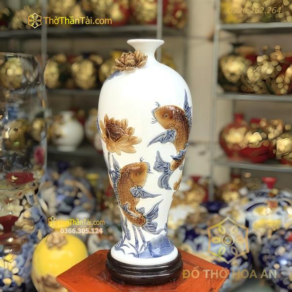 Mai Bình Sen Cá Men Màu Đắp Nổi