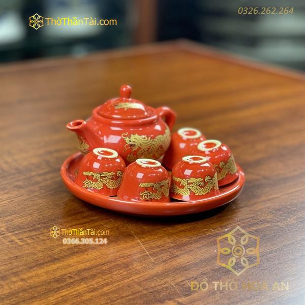 Bộ Ấm Chén Trà Thờ Sứ Men Đỏ Bát Tràng