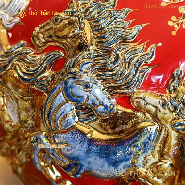 Bình Hút Lộc Mã Đáo Thành Công Men Đỏ Đắp Nổi Vẽ Vàng 24K H20
