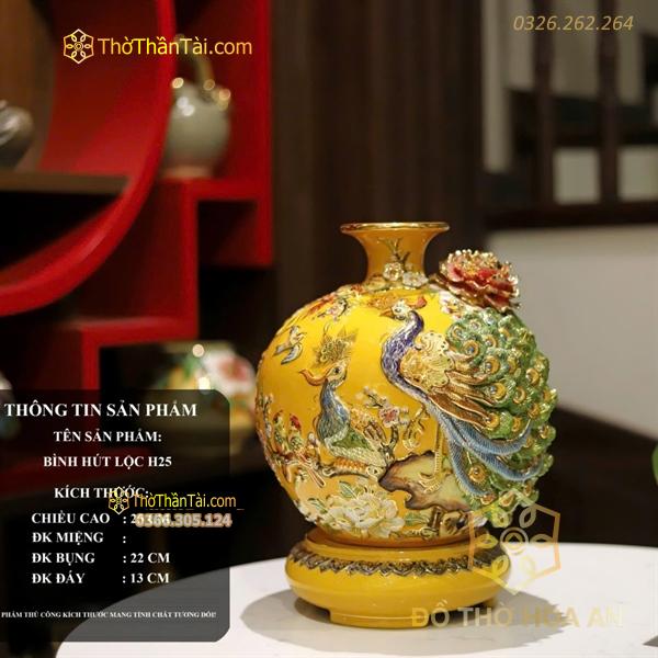 Bình Hút Lộc Công Đào Men Vàng Đắp Nổi Vẽ Vàng 24K H25