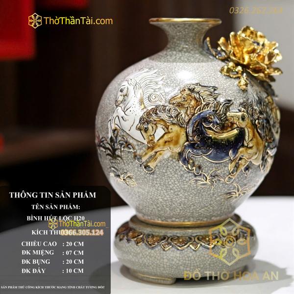 Bình Hút Lộc Mã Đáo Thành Công Men Rạn Đắp Nổi Vẽ Vàng 24K H20