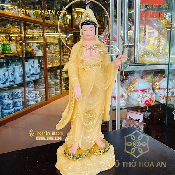 Tượng Phật Bà Quan Thế Âm Bột Đá Vàng Đứng Trên Đài Sen