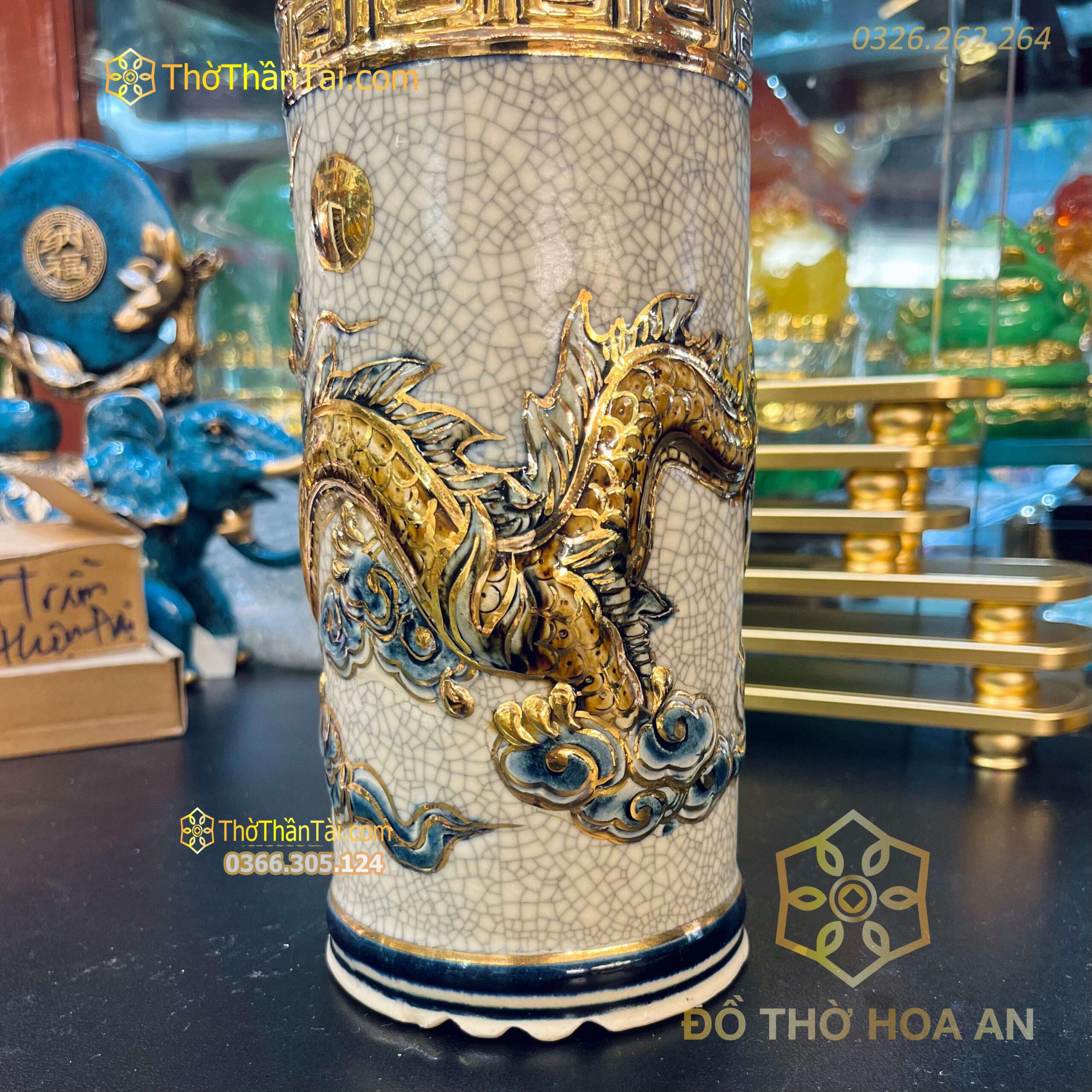 Ống Hương Men Rạn Đắp Nổi Vẽ Vàng