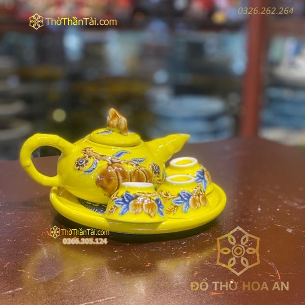 Bộ Ấm Chén Trà Thờ 3 Chén Men Vàng Hoàng Kim Đắp Nổi