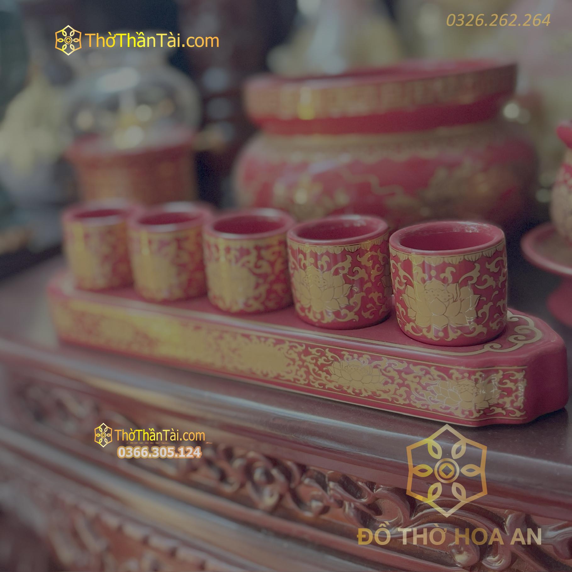 Khay Nước 5 Chén Sứ Gấm Đỏ