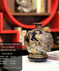 Bình Hút Lộc Công Đào Men Đen Đắp Nổi Vẽ Vàng 24K H28
