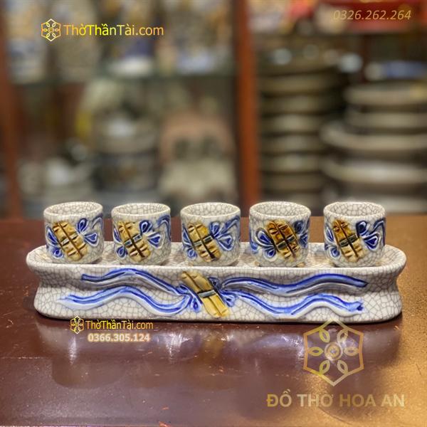 Khay/ Kỷ Nước 5 Chén Men Rạn Đắp Nổi
